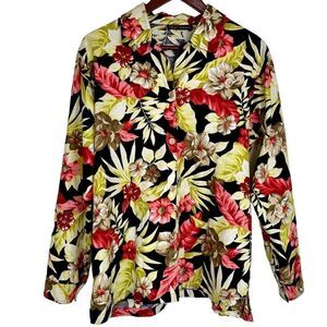 Vintage Oleg Cassini Women’s Linen Blend Tropical Floral Button Front Top Medium